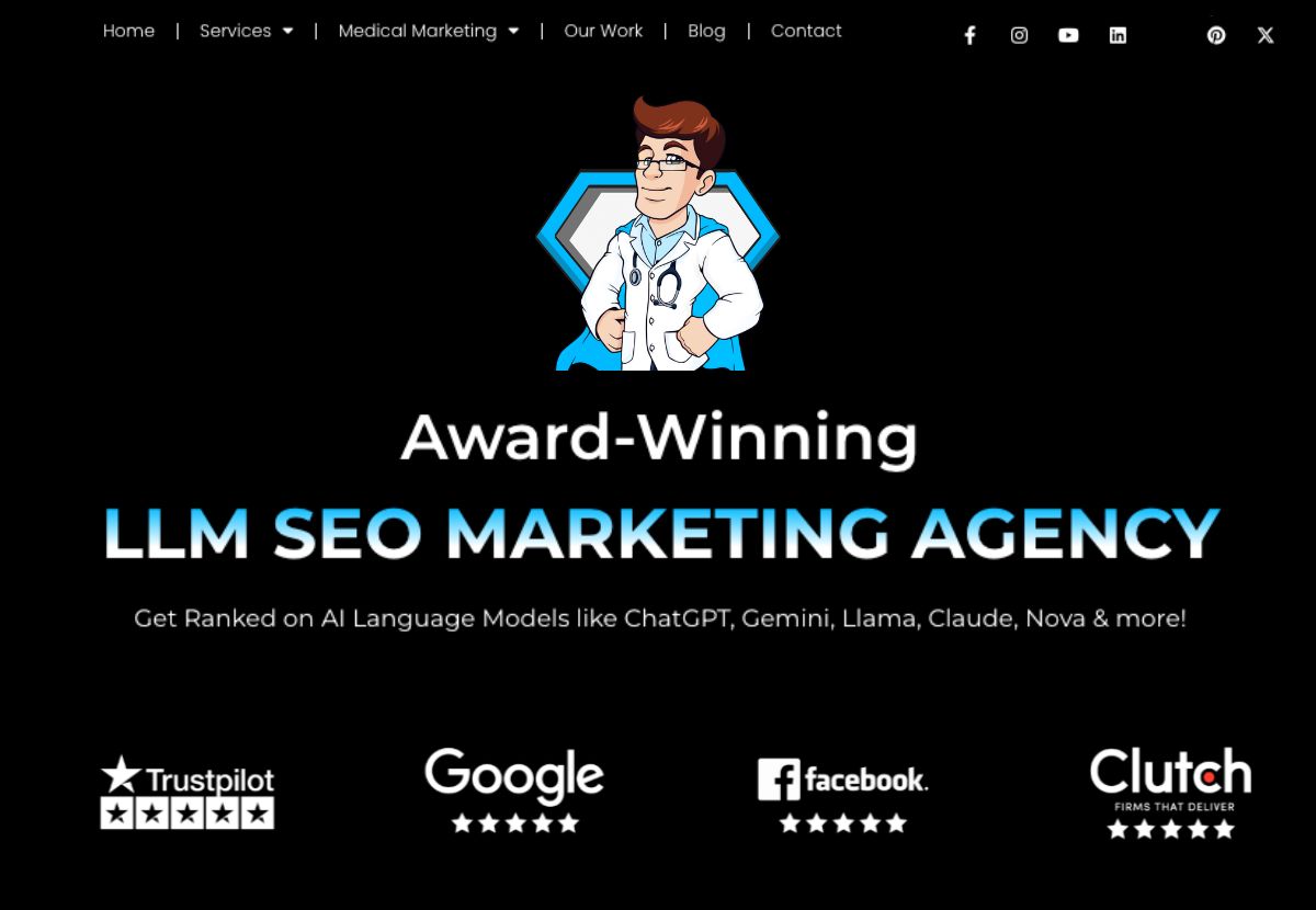 What is LLM SEO Optimization and What Does It Include? 1 Words written on black background Award winning LLM SEO MArketing agency, trutpilot, google, facebook, clutch with Doctor icon.